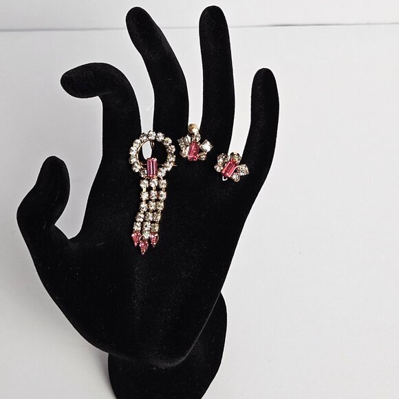Vtg Marks & Spencer 12K Gold-Filled Rare Pink Rhinestone Brooch & Earrings Set - Picture 1 of 16